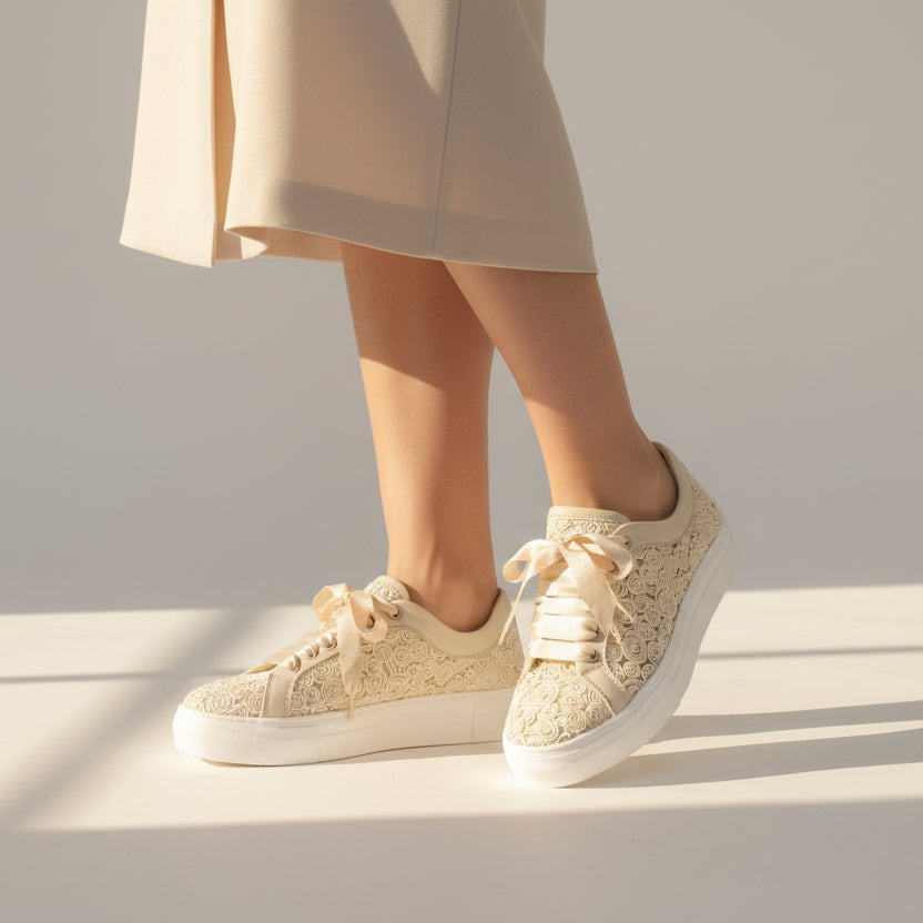 Sneakers Step in tessuto, fodera pelle, soletta pelle estraibile, suola gomma, allacciatura frontale, 30 mm.